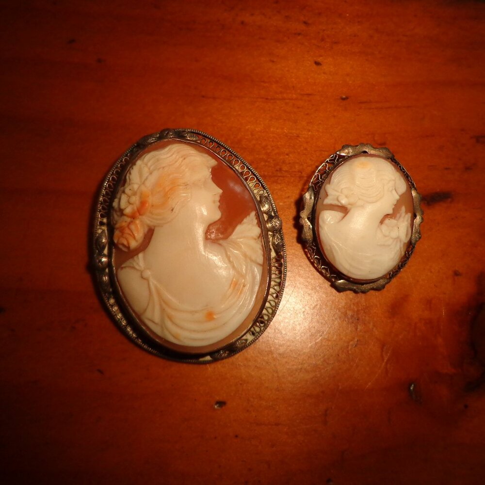 Lot of 2 Vintage Genuine Shell Carved Cameos Sterling Silver Brooch/Pendants - Picture 2 of 16